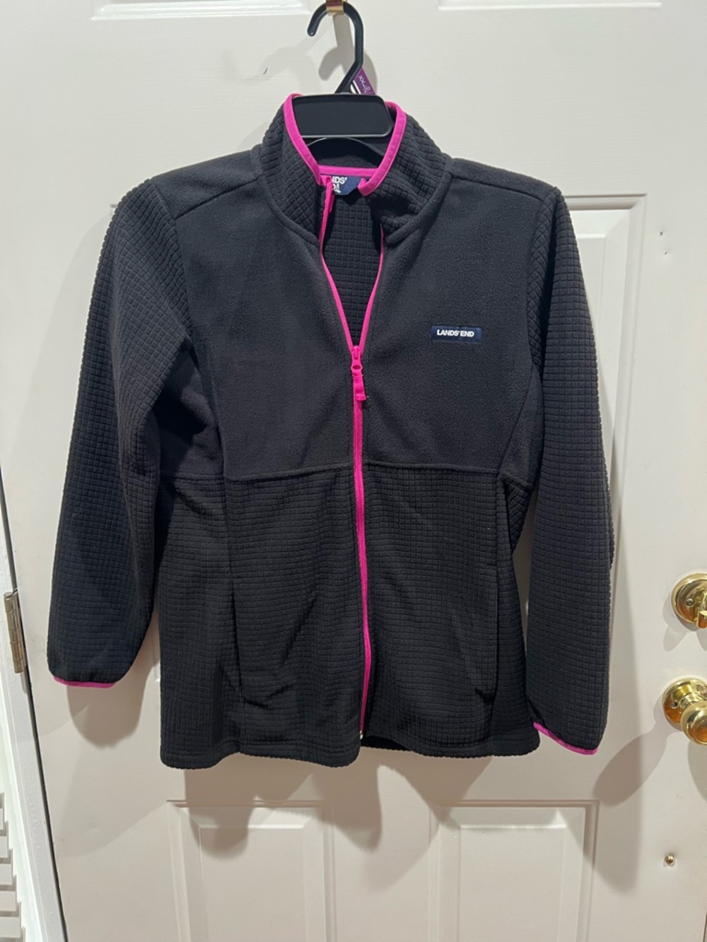Lands' End Black Teddy Fleece Jacket with Hot Pink Trim